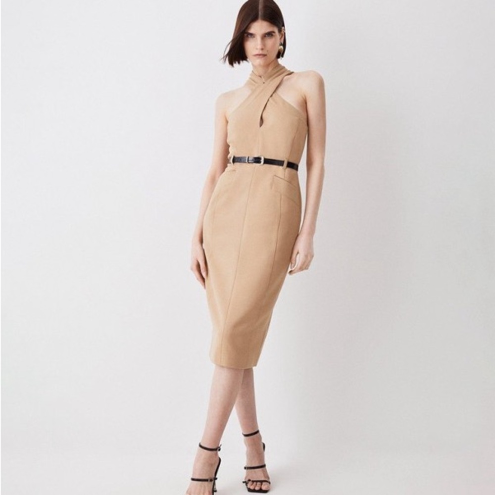 NEVER WORN Karen Millen Halter Midi Dress in Camel US Size 8